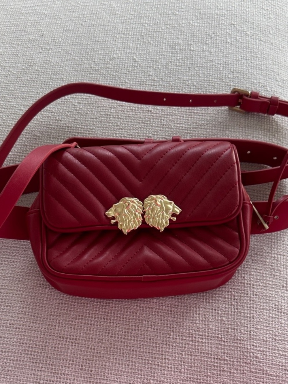 Zara red quilted crossbody/fanny pack with gold lion clasps